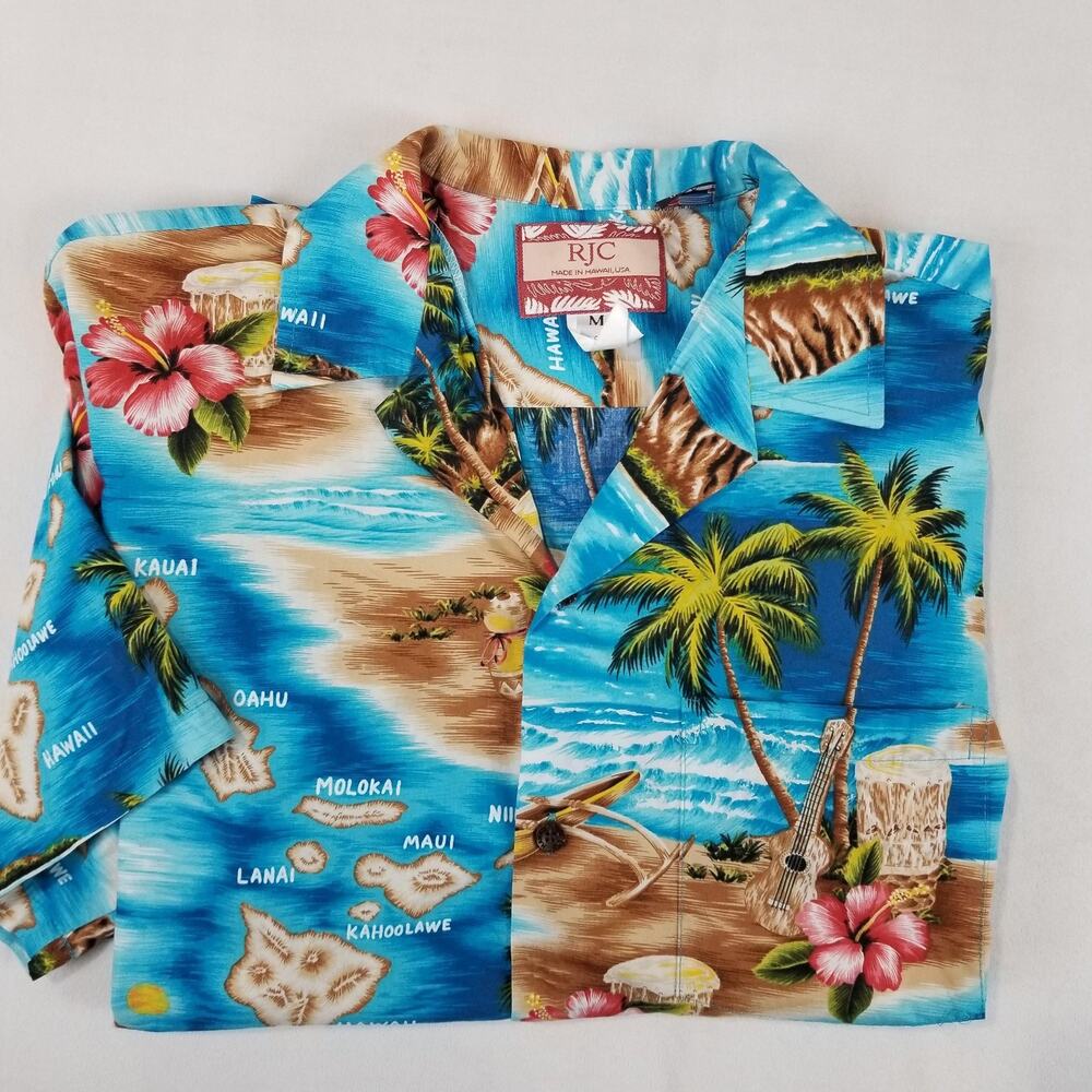 RJC Hawaiian Aloha Shirt Mens Medium Blue Island Map Floral Cotton Made USA